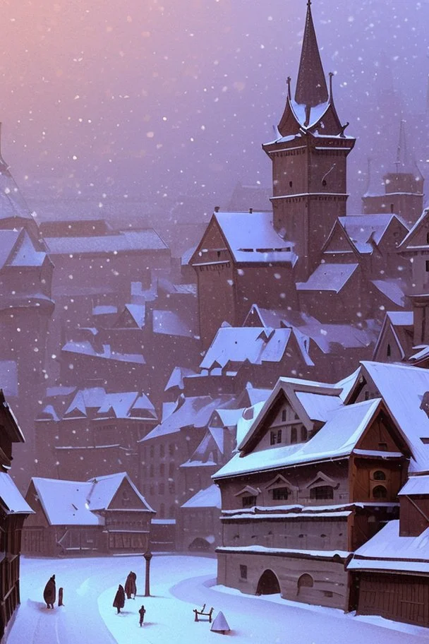 Une ville médiévale enneigée entouré d'une muraille en bois.