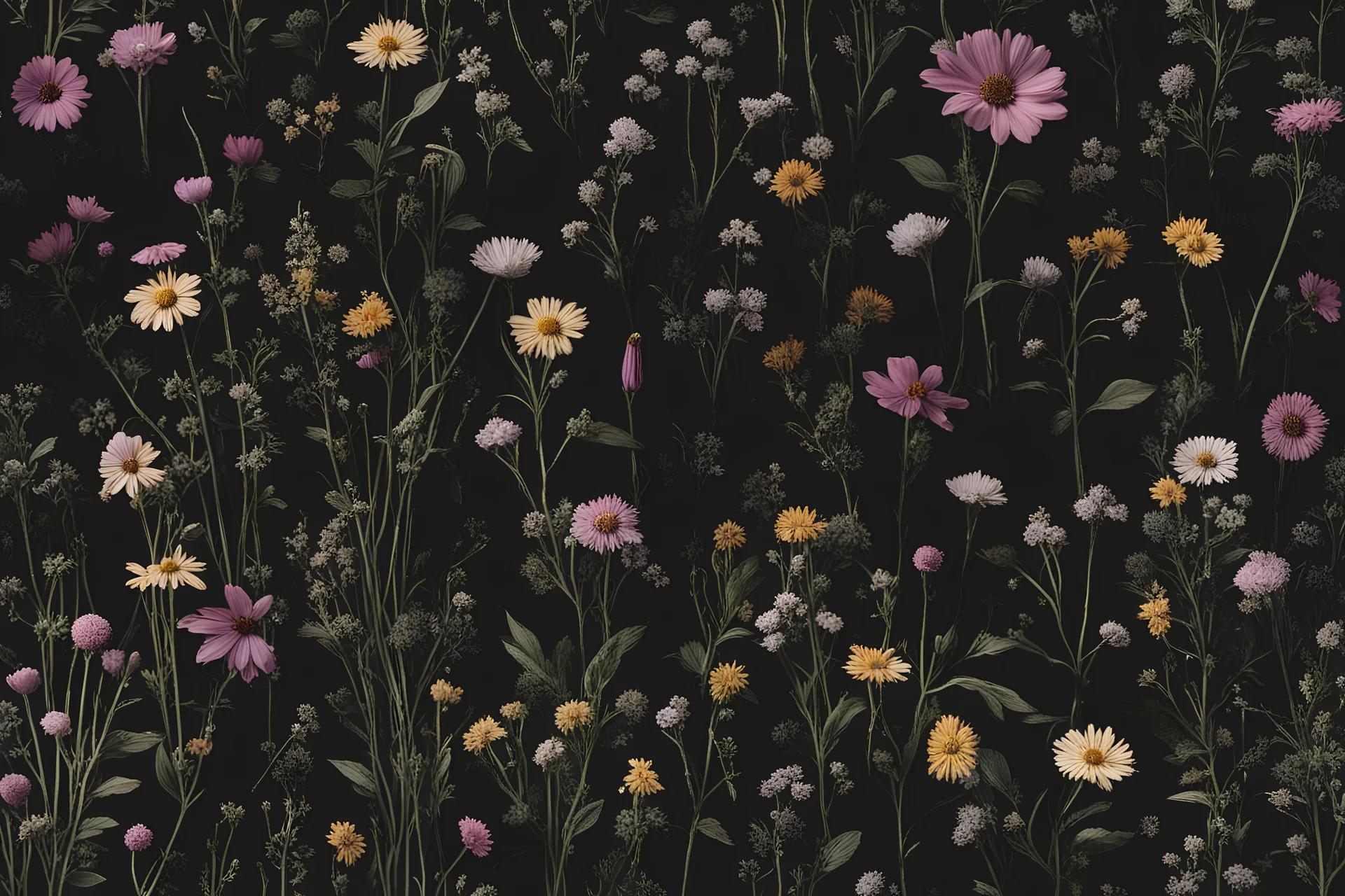 Dark Cottagecore wildflowers with space between onto the black background