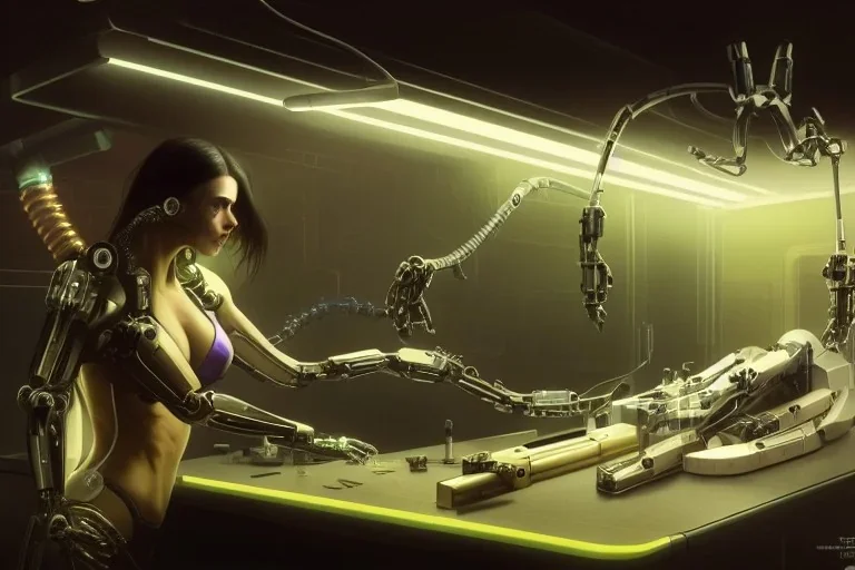 ( cyberpunk 2077, bladerunner 2049 ), a complex thick bifurcated robotic cnc surgical arm cybernetic symbiosis hybrid mri 3d printer machine making a bio chemical lab, art by artgerm and greg rutkowski and alphonse mucha, biomechanical, lens orbs, global illumination, lounge, architectural, f 32