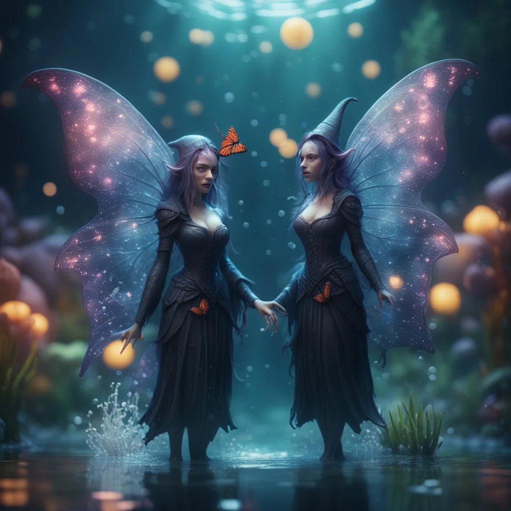 two illithid witches with butterfly wings under water in well lit well ,bokeh like f/0.8, tilt-shift lens 8k, high detail, smooth render, down-light, unreal engine,bokeh like f/0.8, tilt-shift lens 8k, high detail, smooth render, down-light, unreal engine