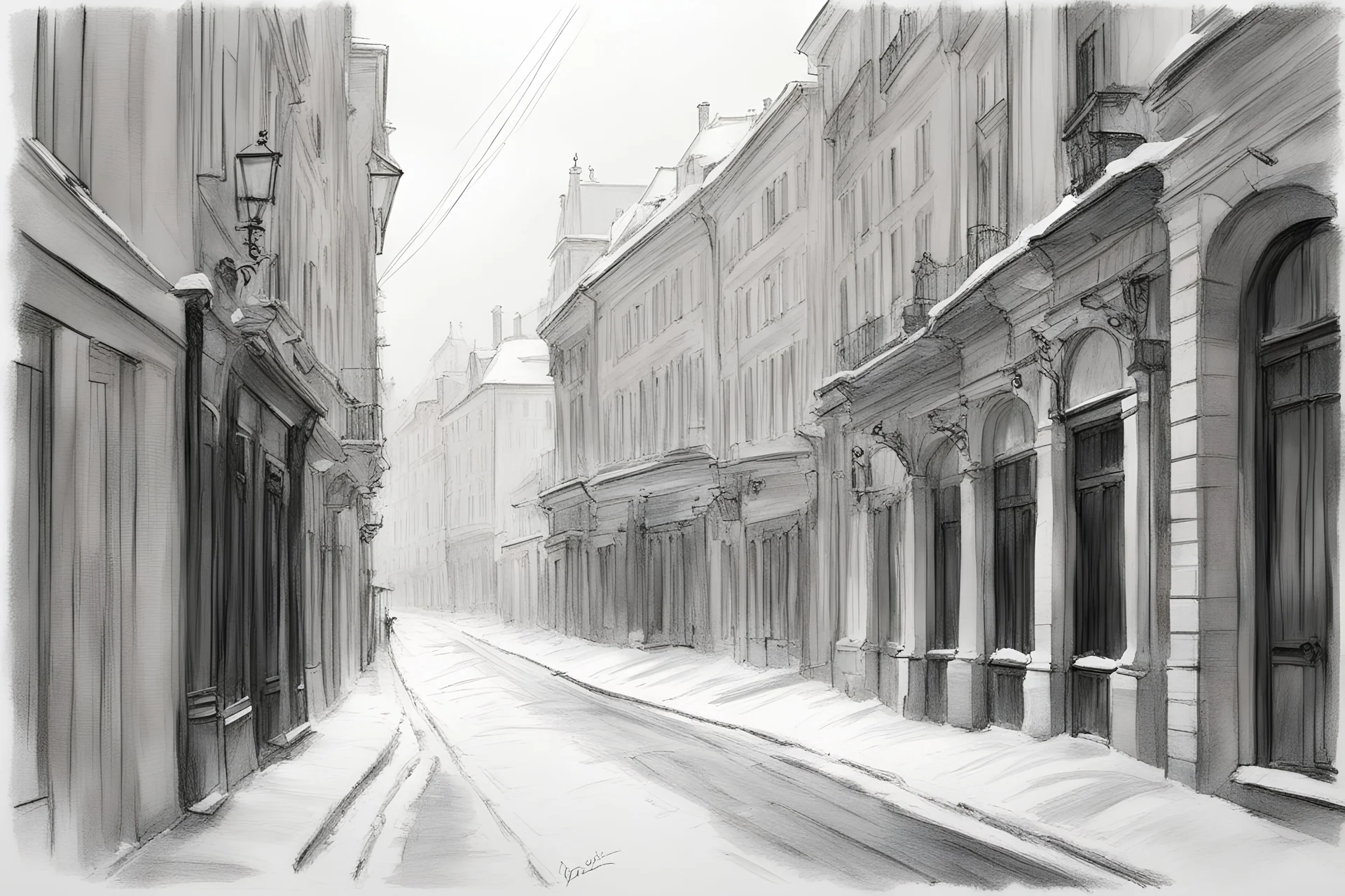 street in Vienna, snow, sunshine, very simple pencil sketch, black and white