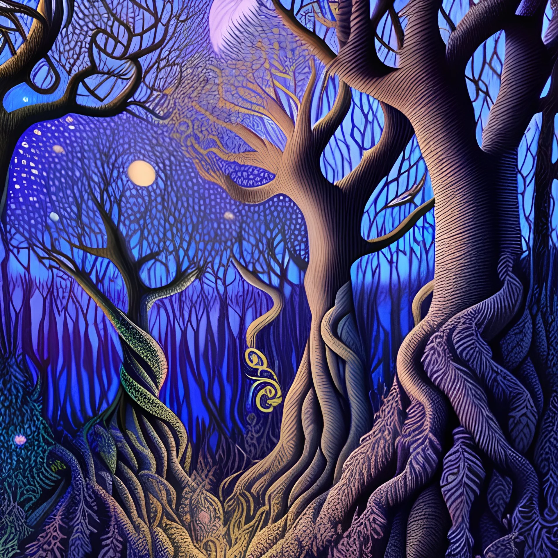 A whimsical super-detailed surreal forest, with an intricate mystical magic scene with large twisted trees against a full moon overhead and a starry sky of muted colors. intricately detailed super-detailed super-detailed fantasy, hyper-realistic, intricate details