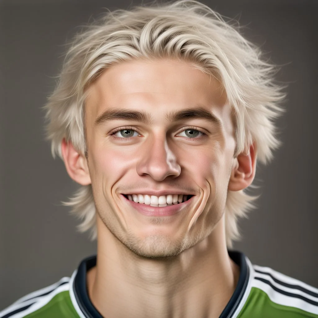 85mm DSLR color photography of a very detailed headshot fitting all of head and hair in frame. 18-year-old English soccer player, and with no facial hair and has no facial hair, has short length straight white hair with a small smile, grey background