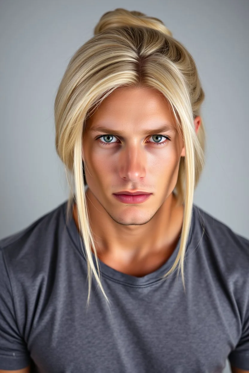 A portrait of an attractive stern lobster with wig, shoulder-length blond hair tied in a tight knot, pale skin,light green eyes, muscular build, wearing grey t-shirt