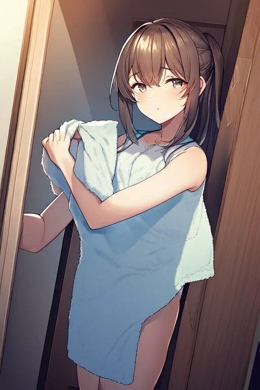 anime girl entering her room, wearing a towel