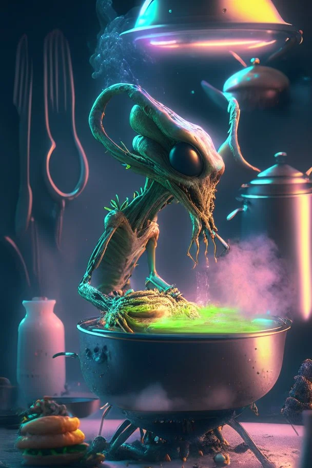 Alien cooking , artstation, HD, octane render, 8k resolution