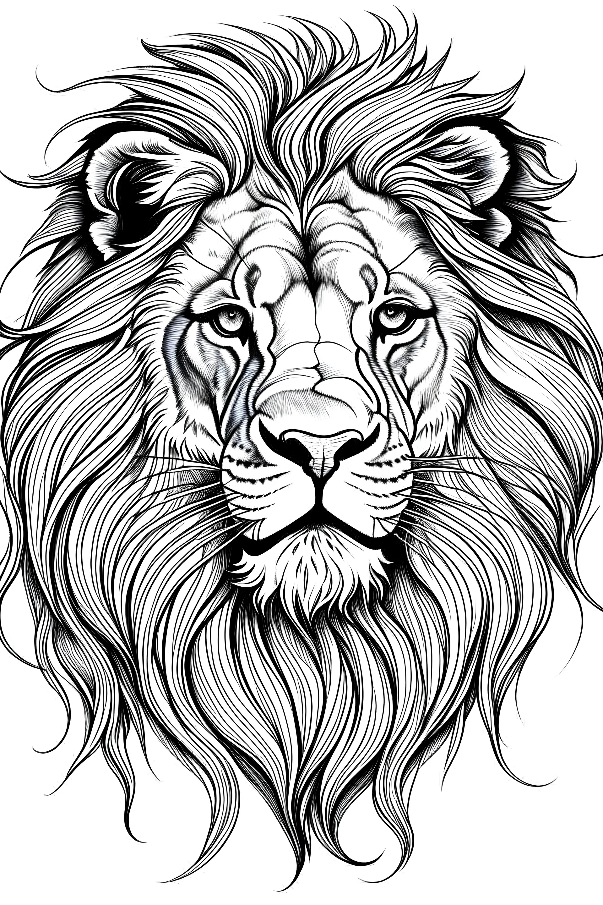 Outline art for “A close-up sketch capturing the regal face of a lion with a flowing mane”, white background, Sketch Style, full body, only use outline, no shadows, clear and well outlined.