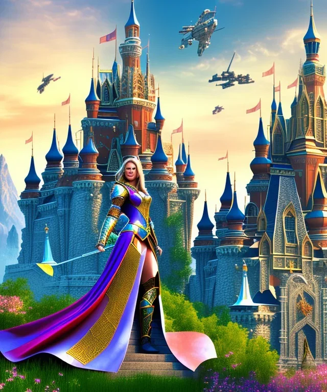 happiness world, castle background, warrior princess in front, portrait