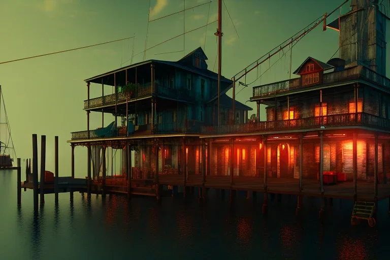 fishing dock, New orleans , night time , unity, scriptable render pipeline , red tone, volumetric lighting.