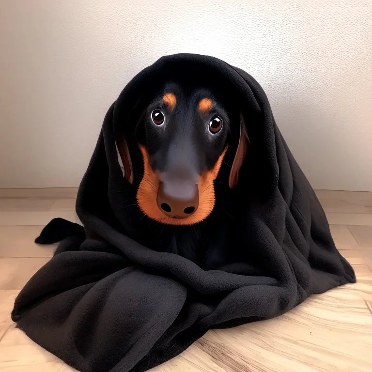 Make a disney style picture for my puppy with a blanket on her head. realistic disney setting, black and tan dachshund