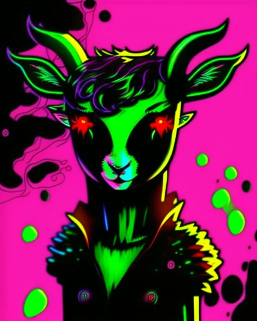 Comic book art style black lamb with red eyes, contrasting green meadow, cartoonist, digital portrait, dark fantasy, black iridescent skin, holographic, shiny, PVC texture, wet look, anime, gothic