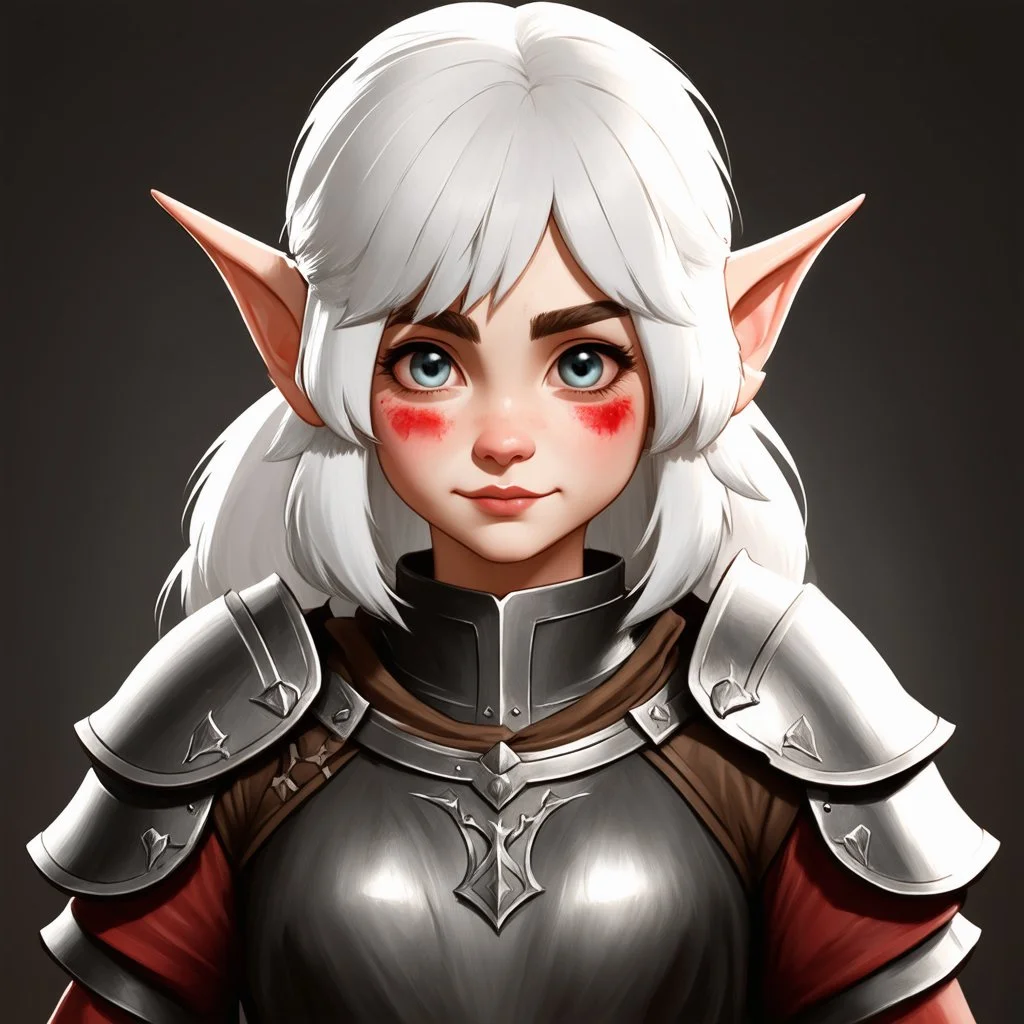 pretty girl, gnome, elf, white hair, red birthmark on forehead, lamellar armour, medieval, fantasy, calm, round face, illustration, cinematic, poster, skyrim, cute