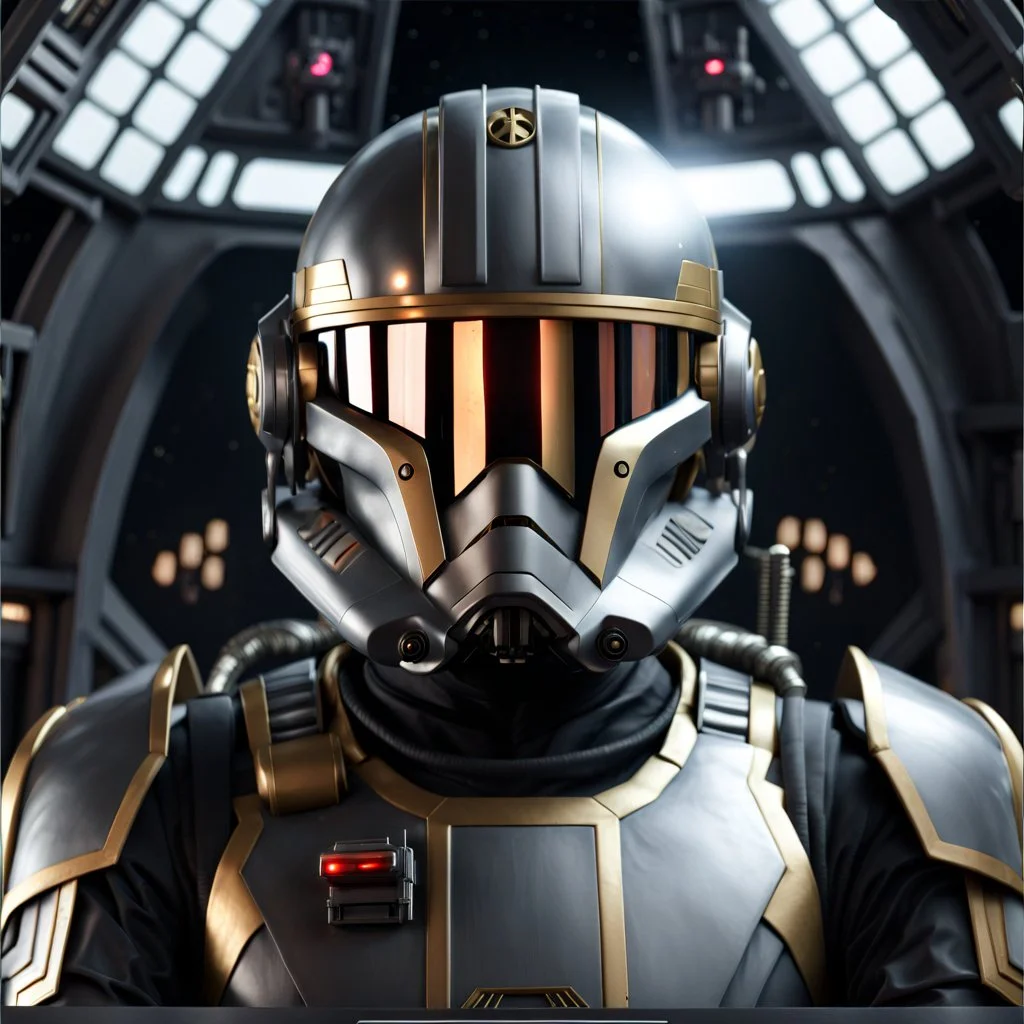 star wars bald male corellian pilot wearing dark gunmetal grey and black First Order special forces TIE pilot armored flightsuit and helmet with gold trim inside the jedi temple, centered head and shoulders portrait, hyperdetailed, dynamic lighting, hyperdetailed background, 8k resolution, volumetric lighting, light skin, fully symmetric details