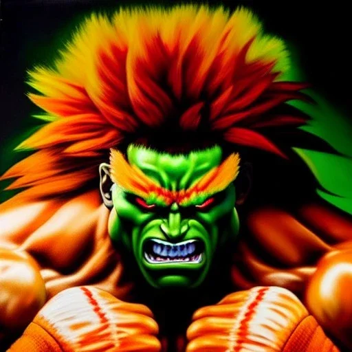 Ultra detailed fullbody Portrait in oil on canvas of Street Fighter- Blanka,extremely detailed digital painting,ultrarealistic skin,intense stare, extremely detailed face, crystal clear eyes, mystical colors ,perfectly centered image, perfect composition, rim light, beautiful lighting,masterpiece ,8k, stunning scene, raytracing, anatomically correct, in the style of Simon Bisley and Ohrai Noriyoshi and robert e howard and Steve Jung and frank frazetta.