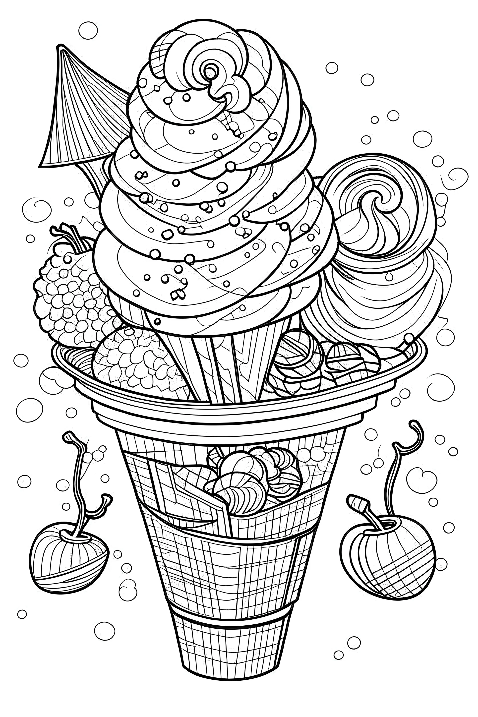 outline art for Ice Cream coloring pages with sitch, white background, Sketch style, full body, only use outline, dementia patients style, clean line art, white background, no shadows and clear and well outlined.