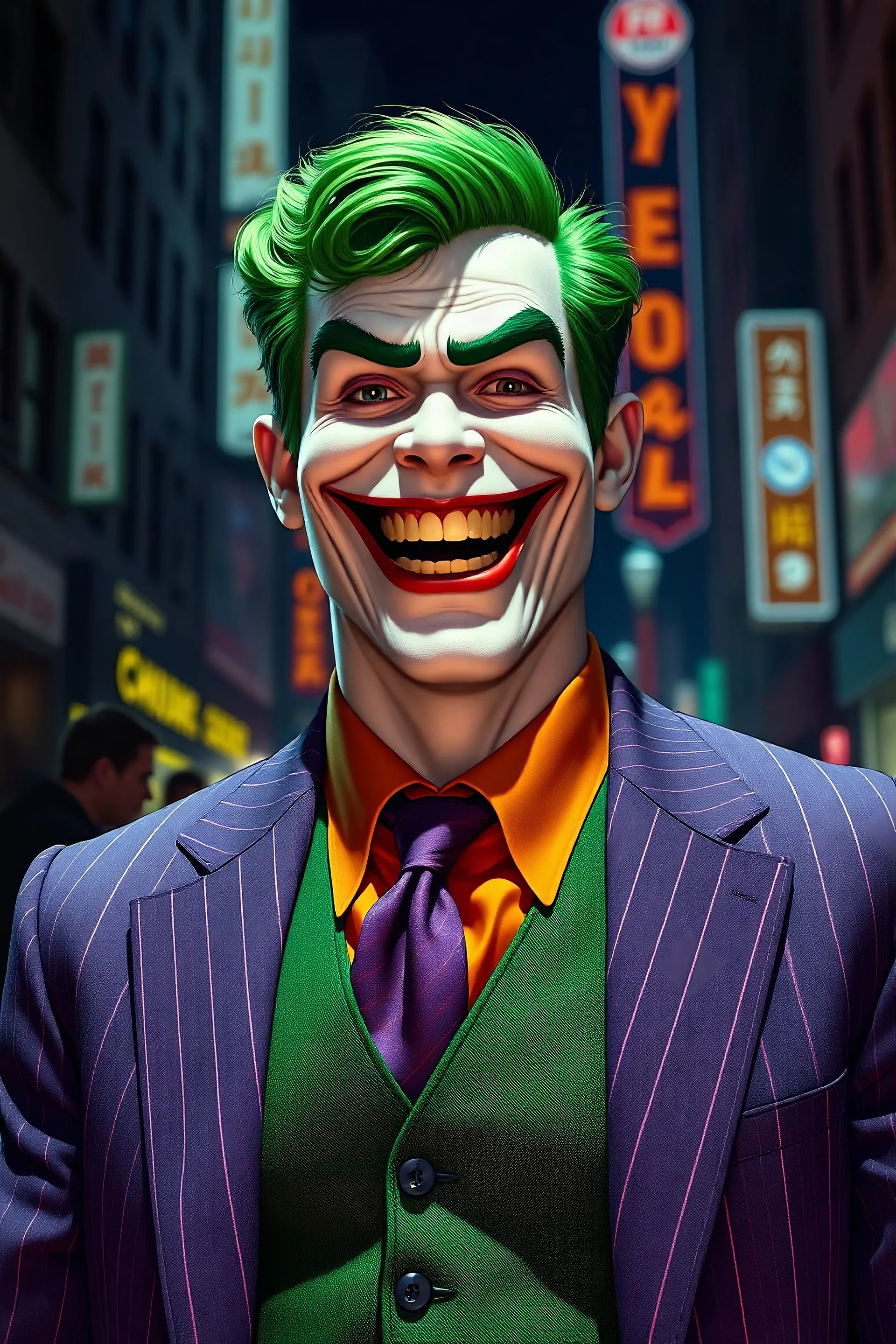 Jack Nicholson, The Laughing Man - A tall, muscular 20-year-old man, with (((Short, crew cut wavy green hair tapered on the sides and back:1.5))), his face is white with red lips permanently stuck in an evil grimace/smile, he has thick, bushy green eyebrows He wears a purple pinstriped jacket over a green waistcoat and an orange button up shirt with a purple tie, ((Photorealistic)), ((Cinematic Lighting)), the background is a Dark, neon lit city
