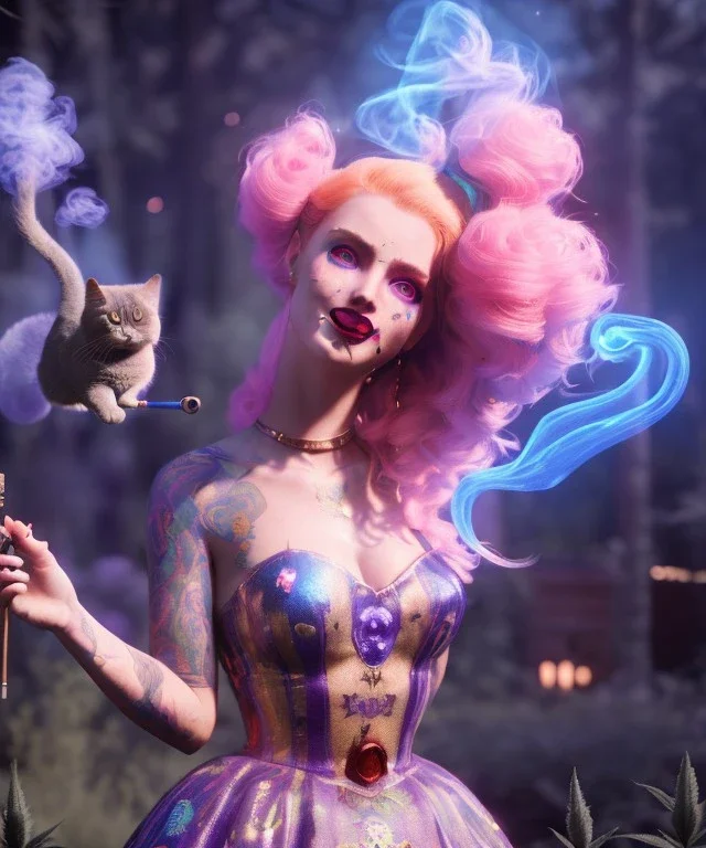 Ultra realistic wonderland photo, happy blonde woman smoking a shisha, blue dress, purple-cat friend, circus dress style, old school tattoo, smoke, marijuana garden, glow eyes, perfect iris, soft color, highly detailed, unreal engine 5, cinematic, ultra detail, volumetric lighting, high definition.