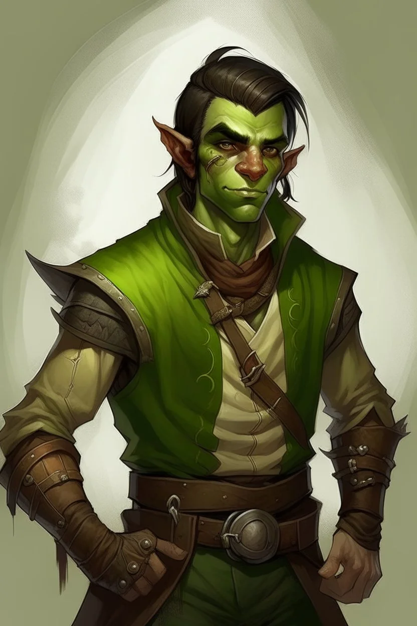 half orc twenty one year old male wearing rogue clothing, mischievous