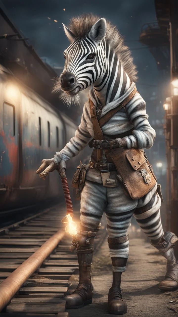 zebra with rolling pin and flashy magazine cover illustration, fallout 4 docks setting, horror weird cowboy wizard cyberpunk weasel in female garments on top of train ,holding dynamite, getting hit by lightening electric arc, with big disturbed eyes,bokeh like f/0.8, tilt-shift lens 8k, high detail, smooth render, down-light, unreal engine, prize winning