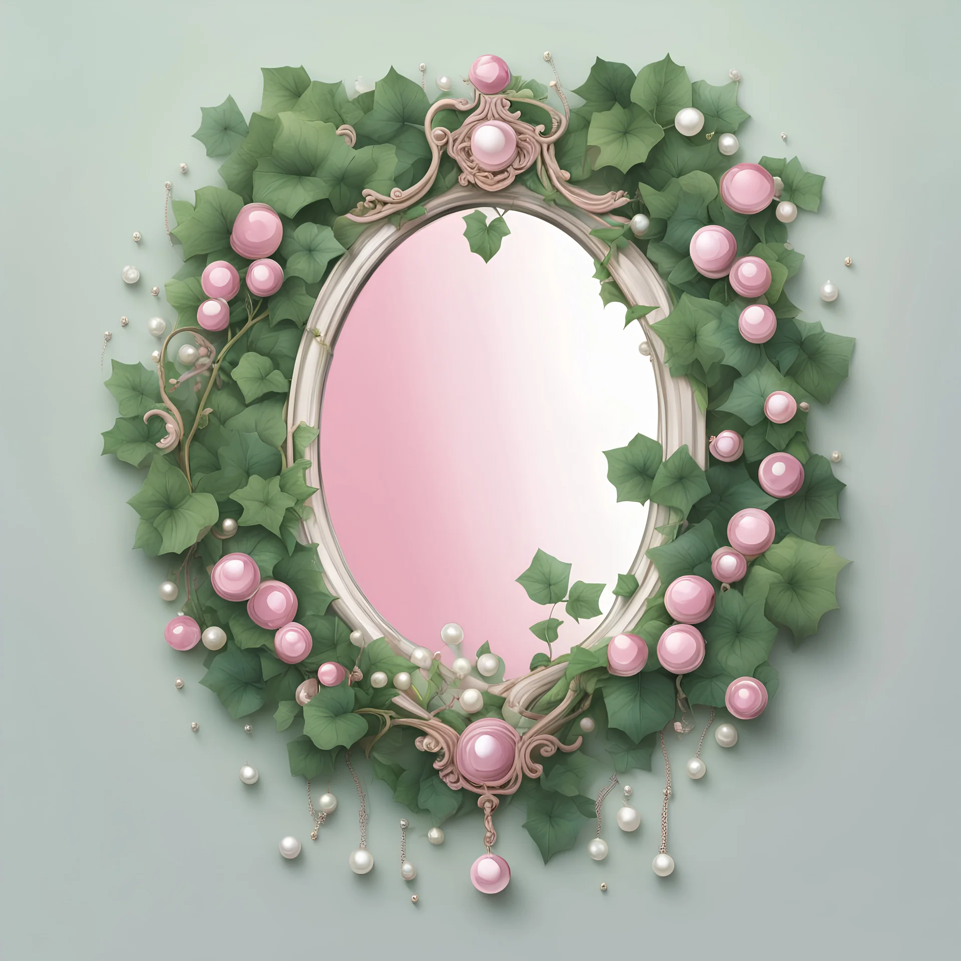 Create an Artwork of a Mirror with ivy branches and pearls necklace, Like a creative Logo for a Varasity Jacket to put a random number uin it, illustration. Colors should be pink and green