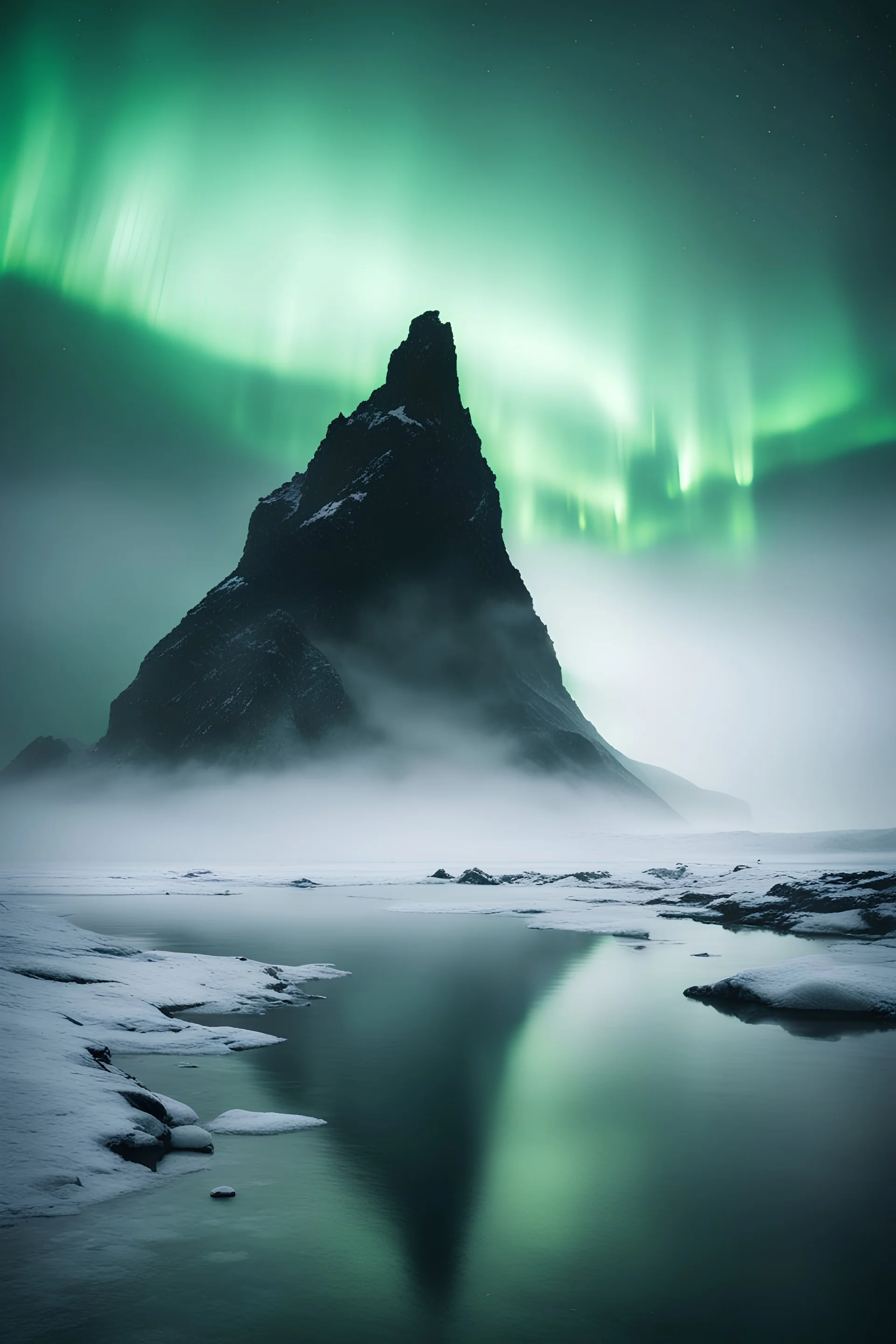 Photoreal menacing ghost of a gargantuan enormous huge mountainous shapeless goddess fog silhouette towering above an ice lake in the winter sky with northern lights by lee jeffries, otherworldly creature, in the style of fantasy movies, photorealistic, shot on Hasselblad h6d-400c, zeiss prime lens, bokeh like f/0.8, tilt-shift lens 8k, high detail, smooth render, unreal engine 5, cinema 4d, HDR, dust effect, vivid colors