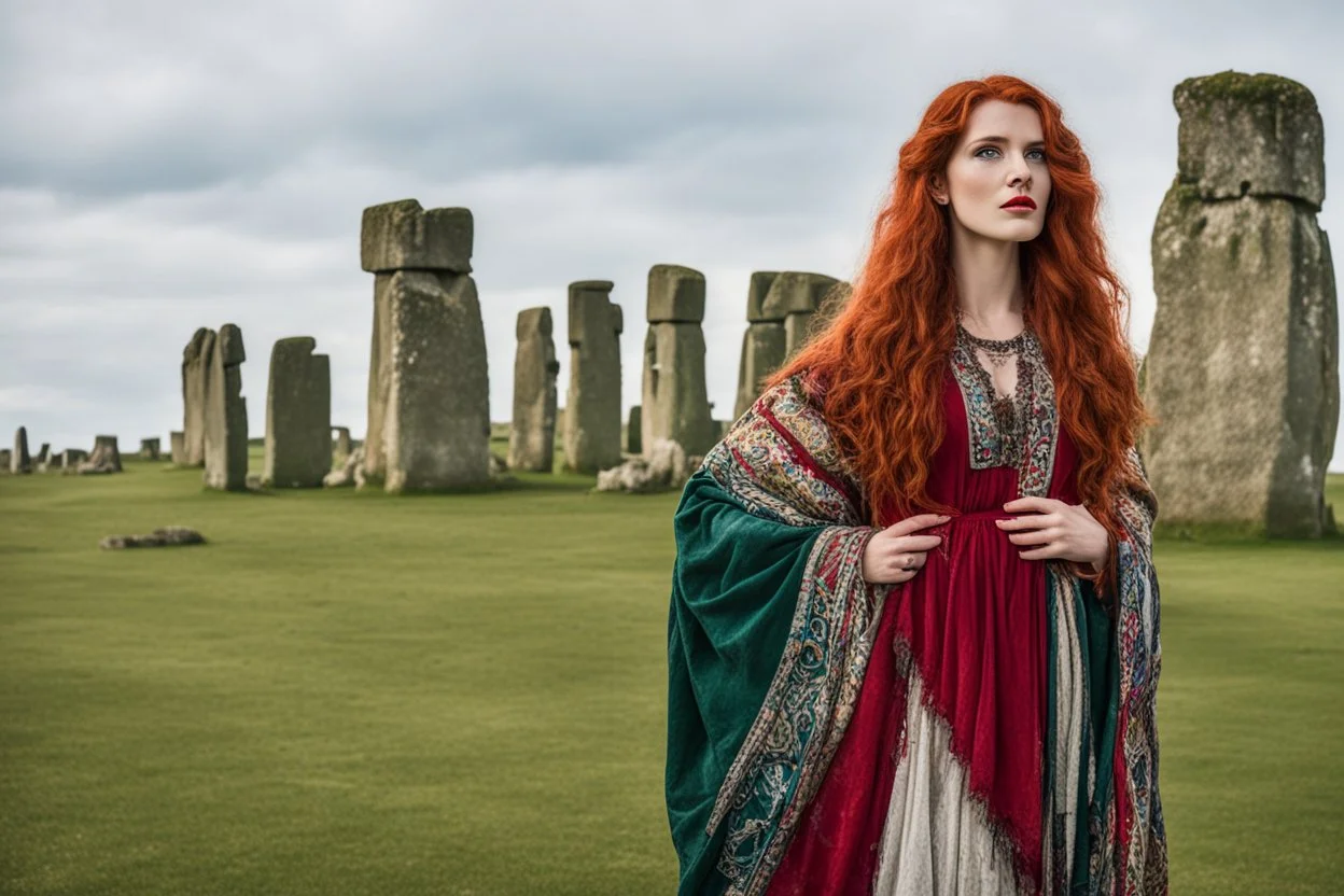 A tall slim red-headed young woman, dressed like a gipsy, standing in front of Stonehenge