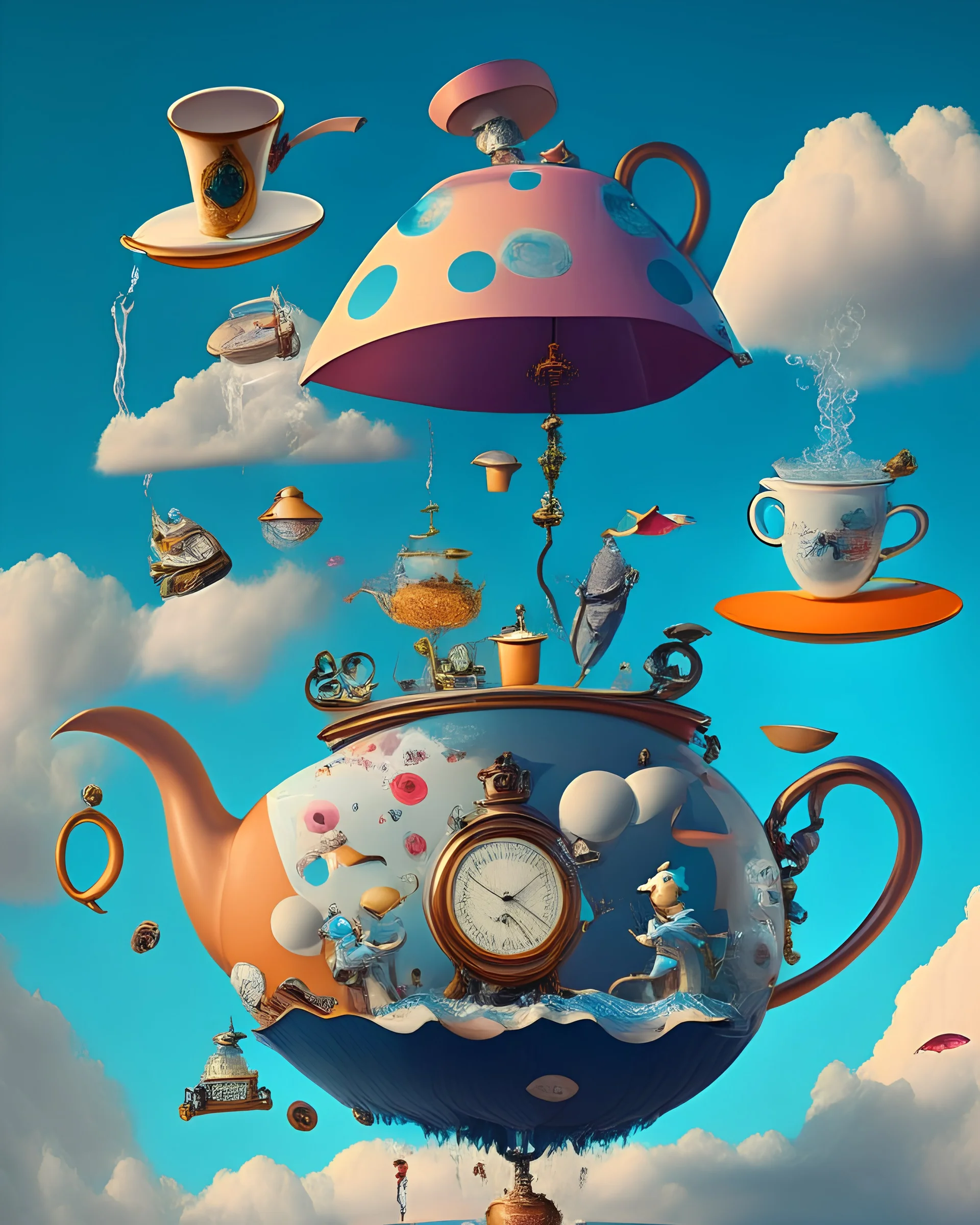 A surrealist composition of a giant teapot, pouring hot liquid into a floating cup in the sky, surrounded by an array of strange and whimsical objects like clocks, umbrellas, and top hats.