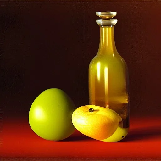 still life bottle half fruit