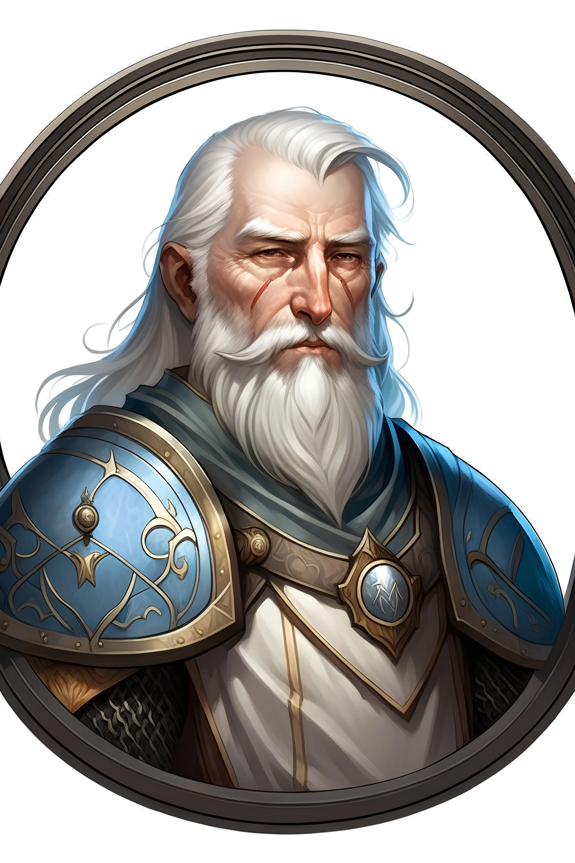 Please create an image for a 30-year old half-aasimar male with silver hair and a silver beard and blue eyes. He is a cleric of Selune, whose symbol should be placed on the cleric's shield, if visible in the image. The cleric should be wearing either medium or heavy armor, and carrying a warhammer or a mace and a shield