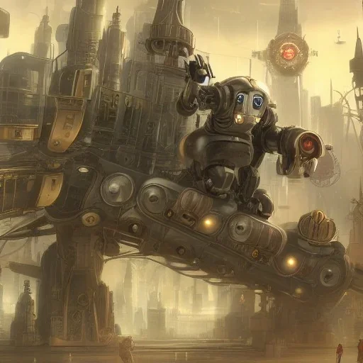 Dystopian, steampunk, cityscape, high resolution, mega robots, mickey mouse