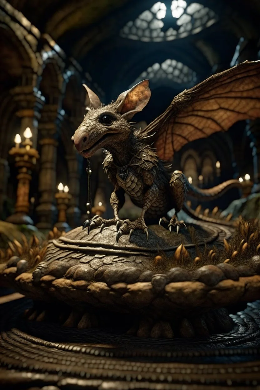 terrifying winged rat hovering above golem sculpture with rattle snake head on underground bone bridge, in the style of fantasy movies, photorealistic, shot on Hasselblad h6d-400c, zeiss prime lens, bokeh like f/0.8, tilt-shift lens 8k, high detail, smooth render, down-light, unreal engine 5, cinema 4d, HDR, dust effect, vivid colors