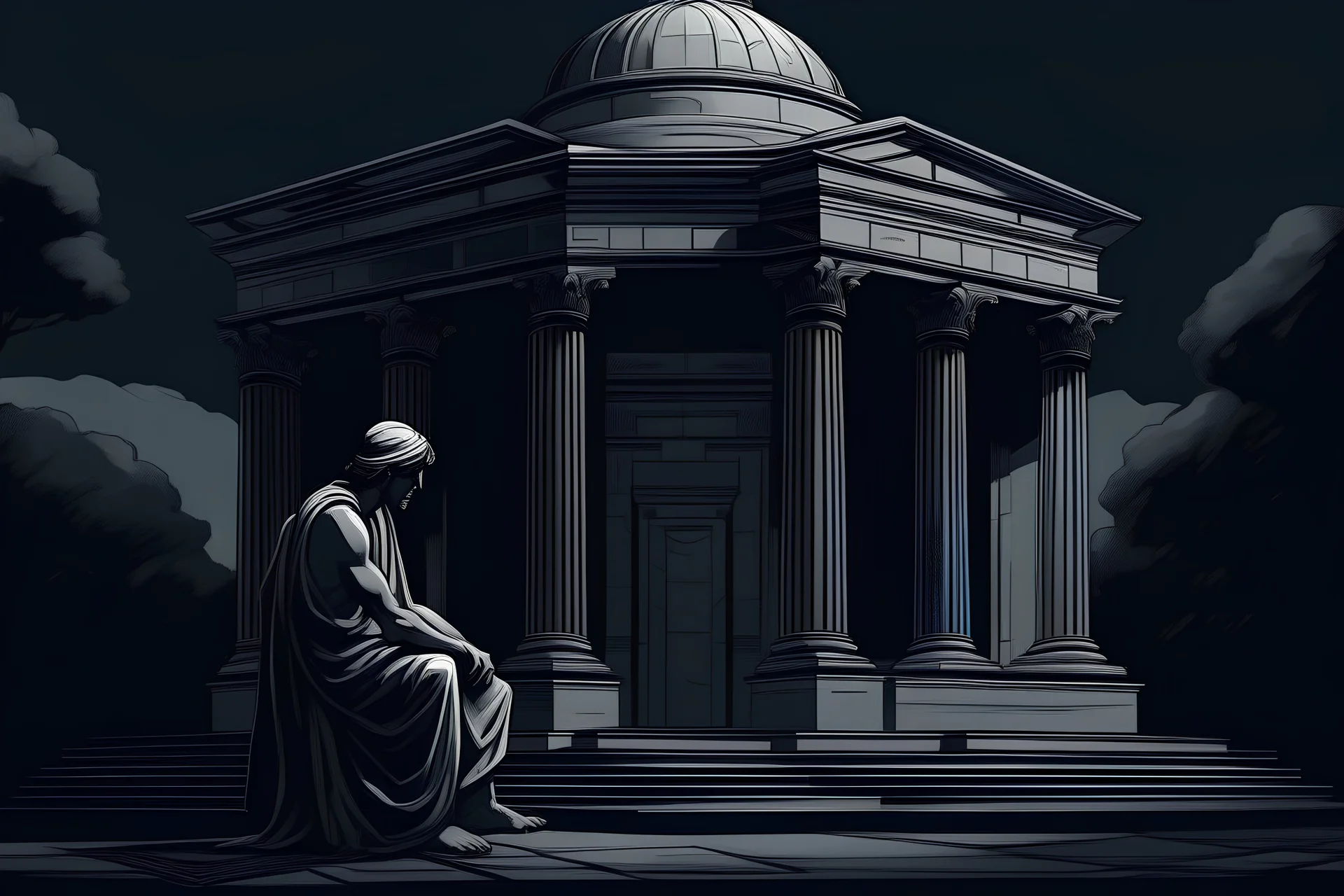 a young relaxed Roman Philosopher meditating in front a roman temple, in dark grey and white colors