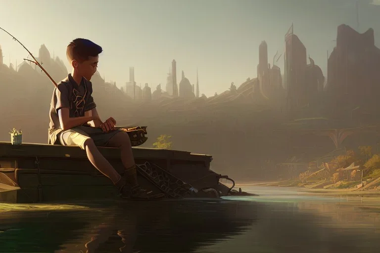 An extremely detailed, exquisite painting of boy sitting fishing surrounded cyberpunk dessert