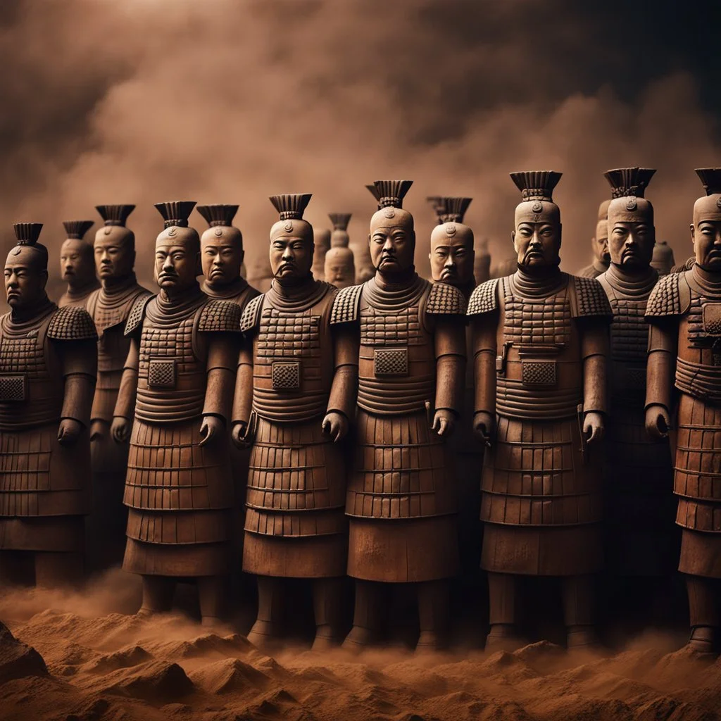 Hyper Realistic Photographic Middle Angle View of The Terracotta Army of the First Emperor of China at dark night with heavy sandstorm showing dramatic & cinematic ambiance