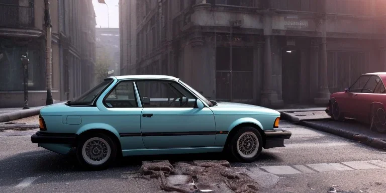 an abandoned 1990 bmw 2-door 4k ,ultra realistic,concept, 4k ,on street, parked in crowded city winter,8k resolution, high-quality, fine-detail