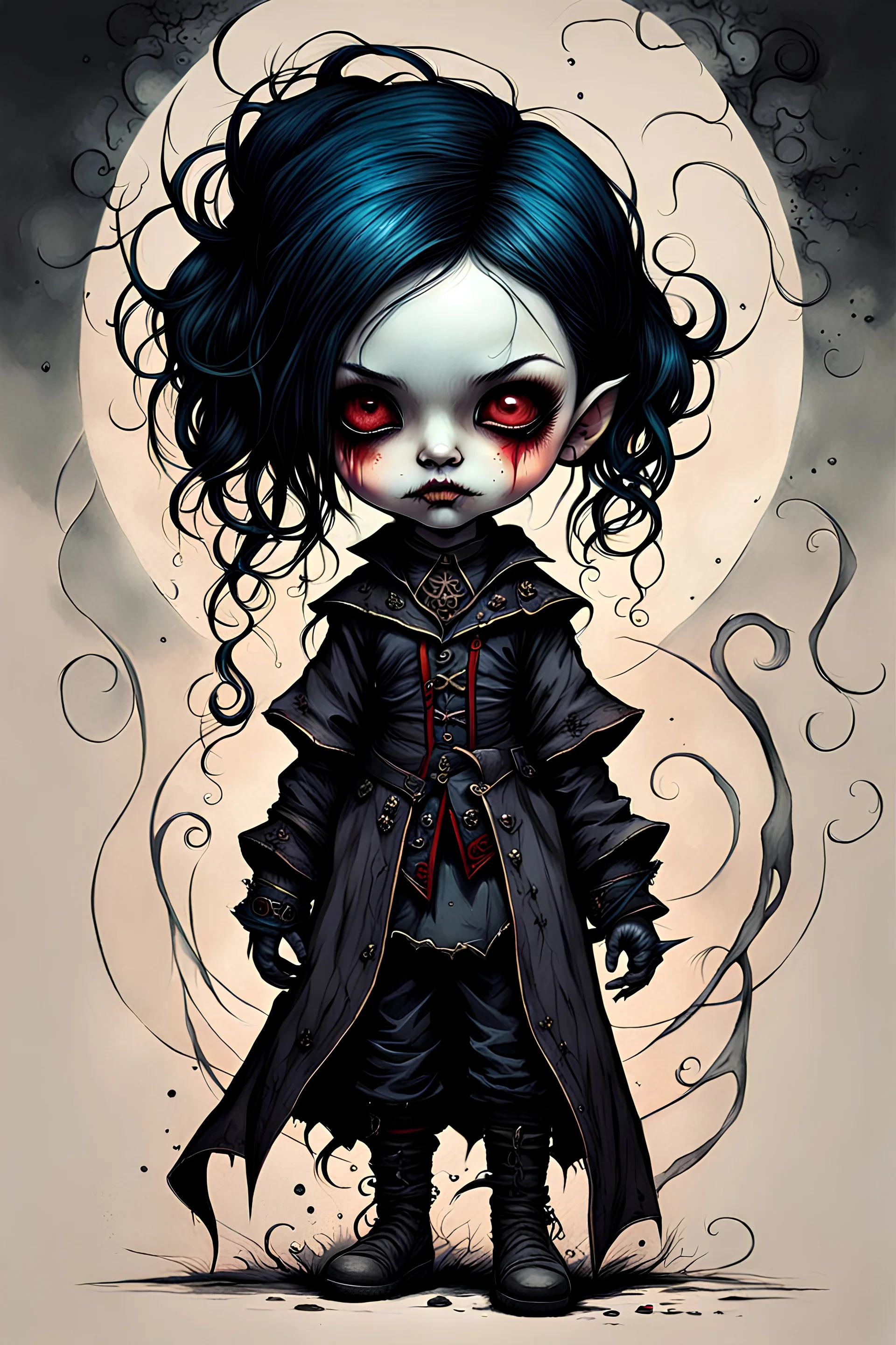 create a highly ethereal, darkly magical full body portrait illustration of a lonely orphan goth vampire girl , with highly detailed and deeply cut facial features, in the the style of JEAN-BAPTISTE MONGE, searing lines and forceful strokes, precisely drawn, boldly inked, with vibrant colors