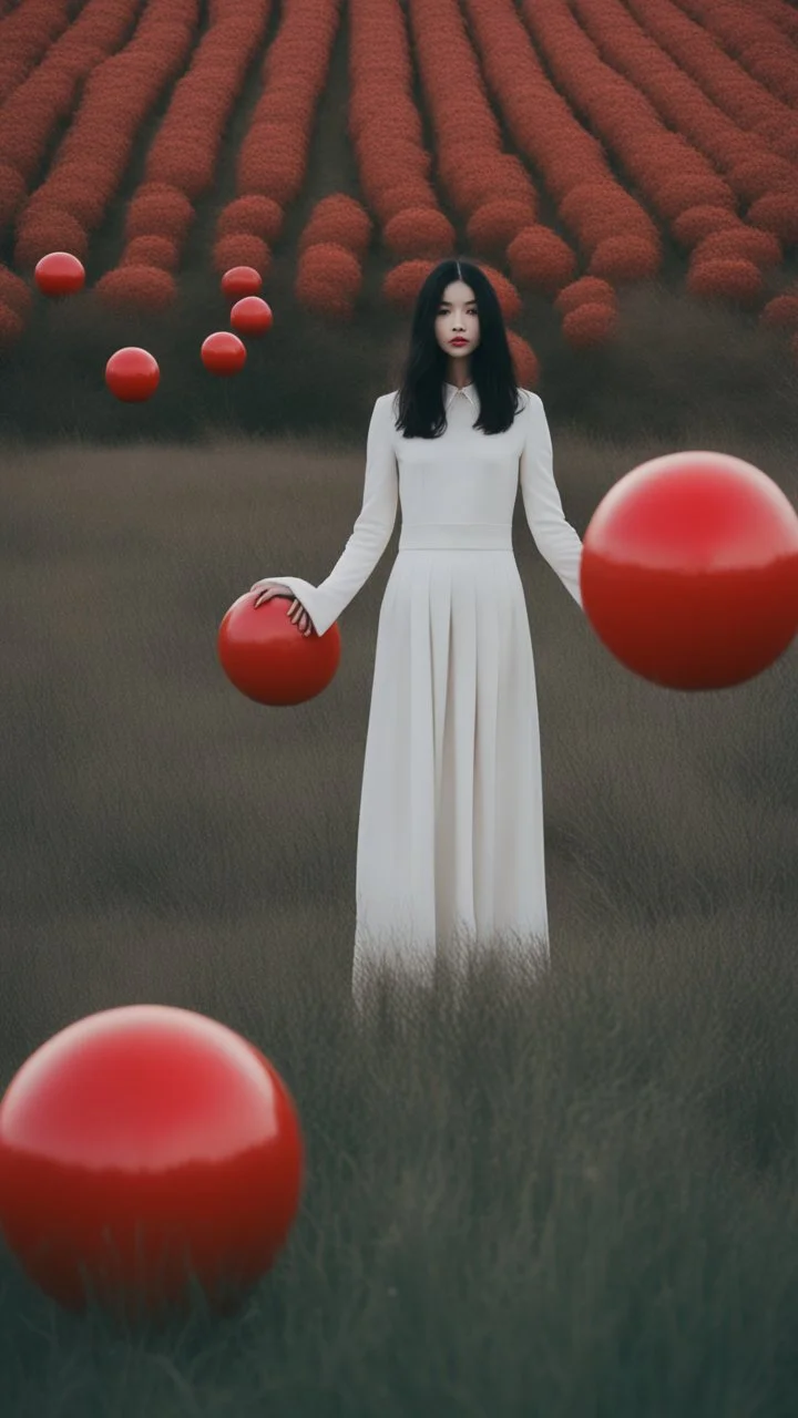 a woman standing in a field holding red ball, inspired by Ren Hang, design milk, long black hair, whites, wanderers traveling from afar, trending on artisation, cloning spell, coat pleats, in twin peaks, submarine, by Helen Thomas Dranga, symetry, round-cropped, noire photo