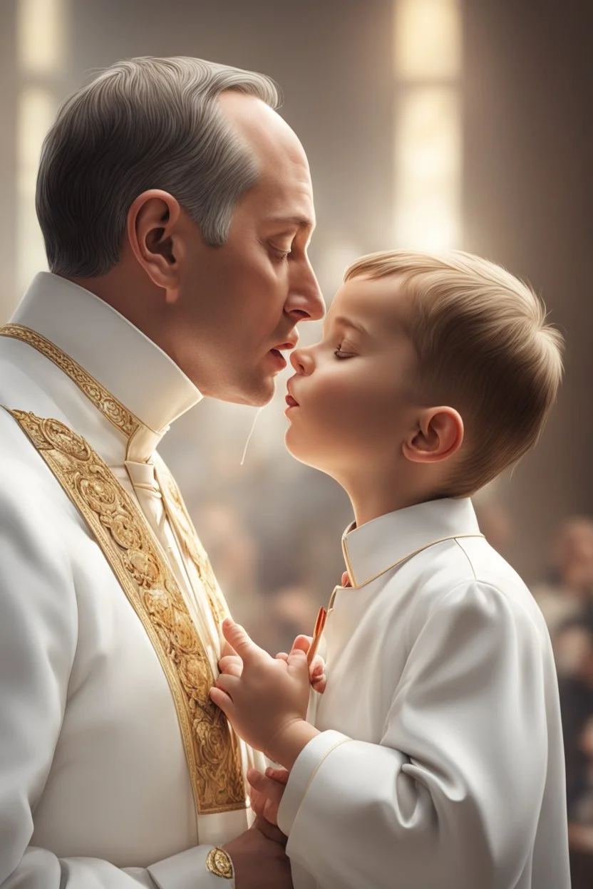 katolický kněz při svatém přijímání dává polibek malému chlapci, fotorealistické