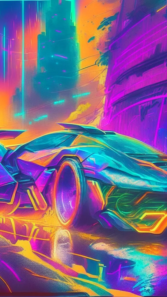 futuristic supercar, hand draw urbansketch art style inspired by Marta Vilarinho de Freitas, flat, vector illustration, urban sketch cyberpunk 2099 blade runner 2049 neon neo-impressionism expressionist style oil painting, smooth post-impressionist impasto acrylic painting, thick layers of colourful textured paint futuristic futurism noir