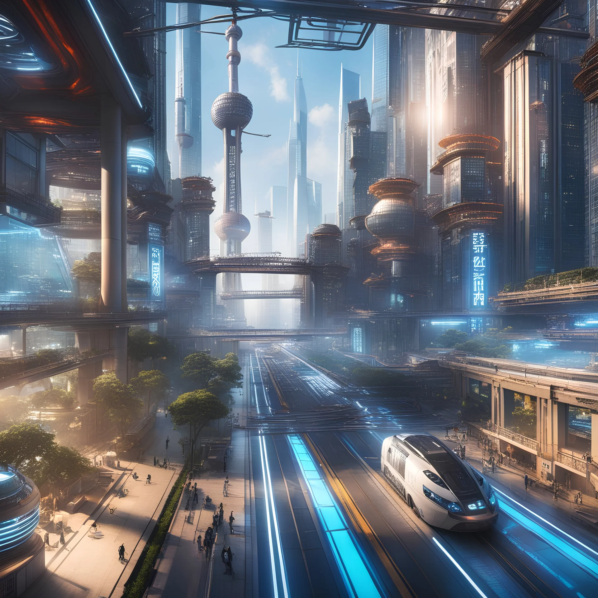 science fiction of a shanghai city, first person view, vibrance, highly detailed, natural lighting