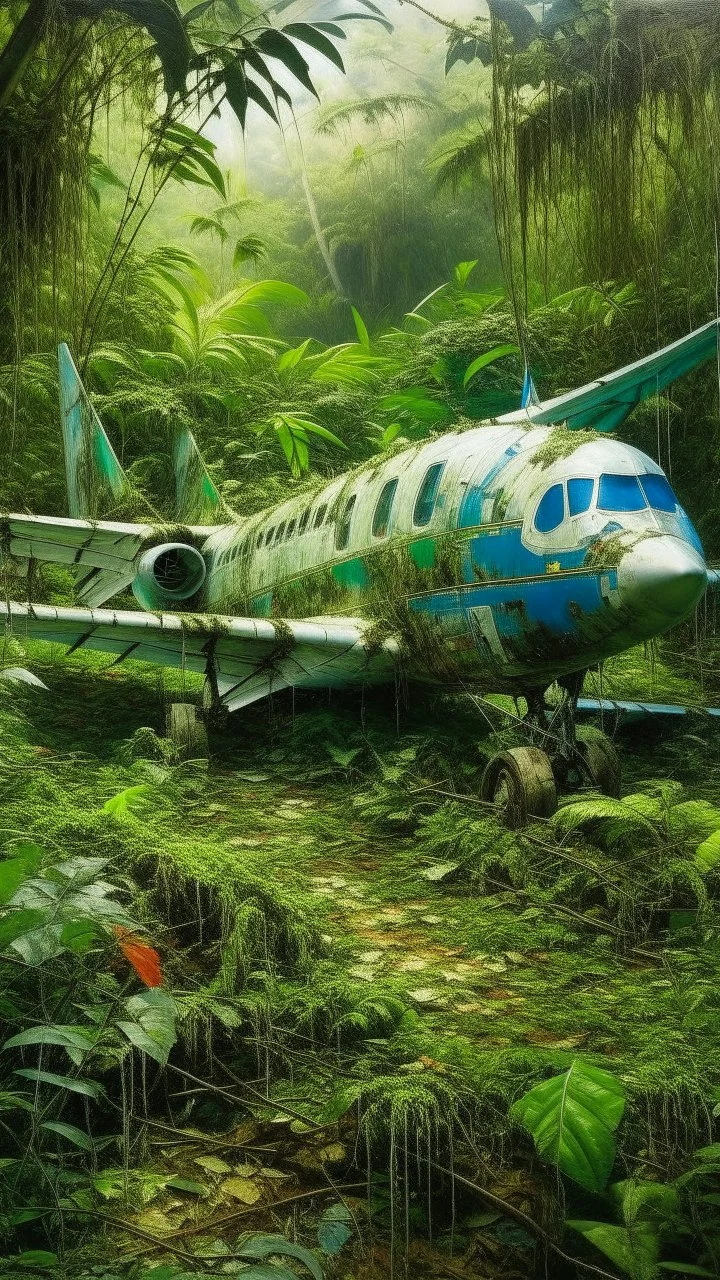An full airplane with wings crashed in rainforest filled with green bushes painted by Claude Monet