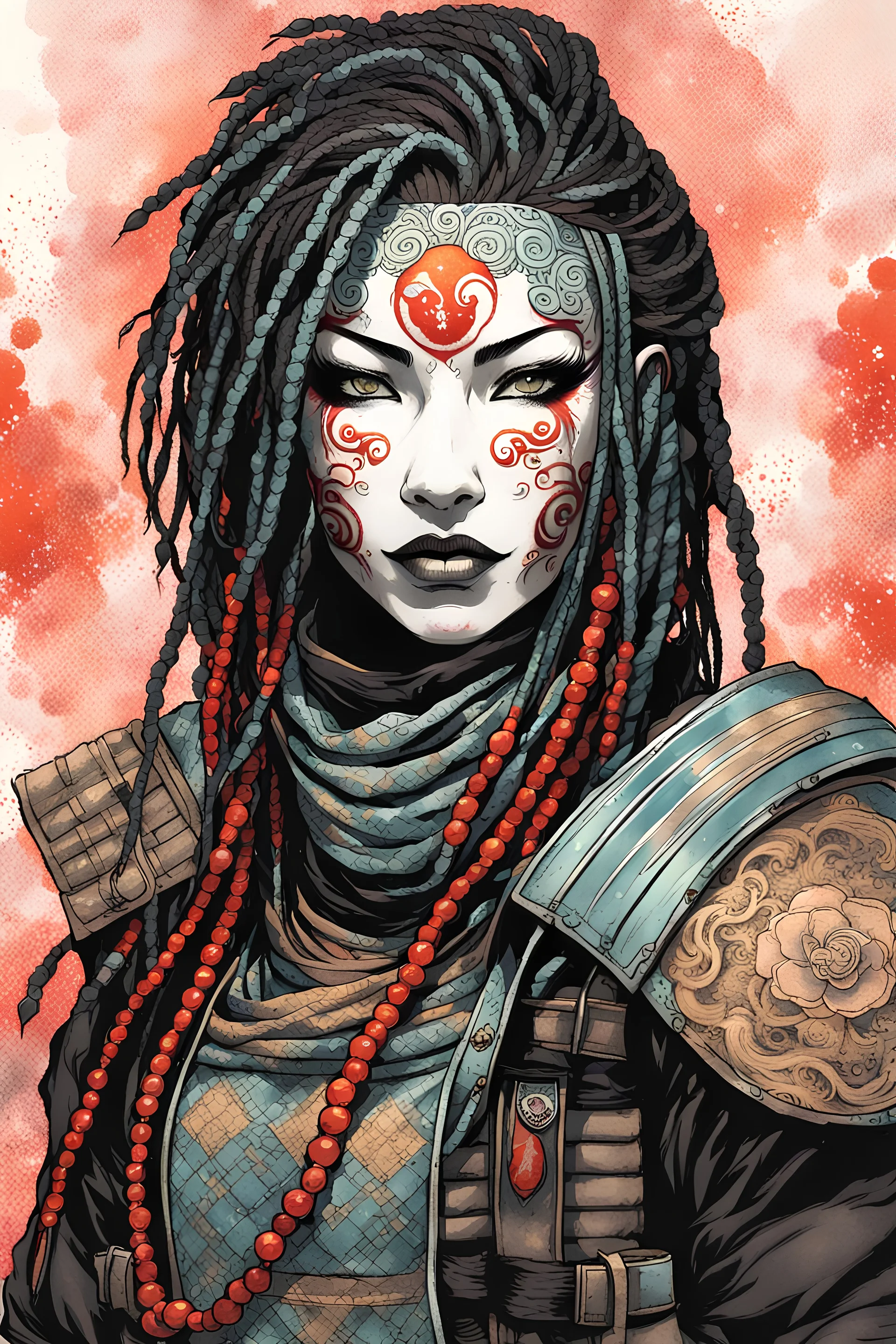 front facing portrait illustration of a gothpunk armored female , beaded dreadlock hair, vampire mercenary wearing an ancient ornate japanese kitsune mask , and shemagh, highly detailed with gritty post apocalyptic textures, caught in a cosmic maelstrom of swirling gases , finely detailed facial features and hair, in the graphic novel style of Bill Sienkiewicz, and Jean Giraud Moebius, ink wash and watercolor with realistic light and shadow