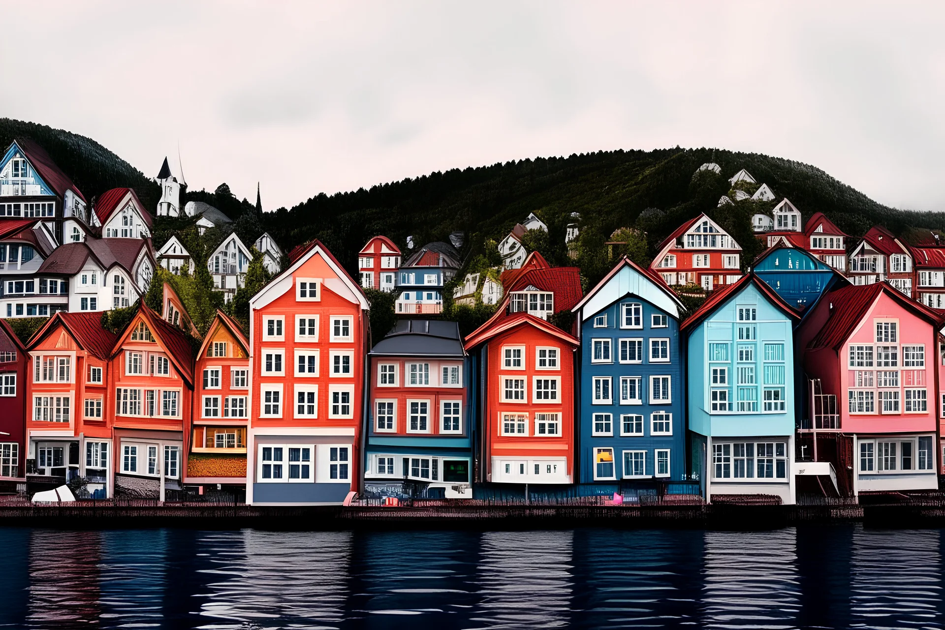 Colored pencil drawing, Very detailed, Drawing of the colorfull houses in the city Bergen in Norway. Colorfull, professional, detailed, pencil strokes, calm composition, zoom out.