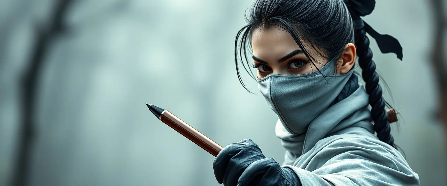 pen outline and airbrush, female ninja doctor in the wild, blurred realistic background