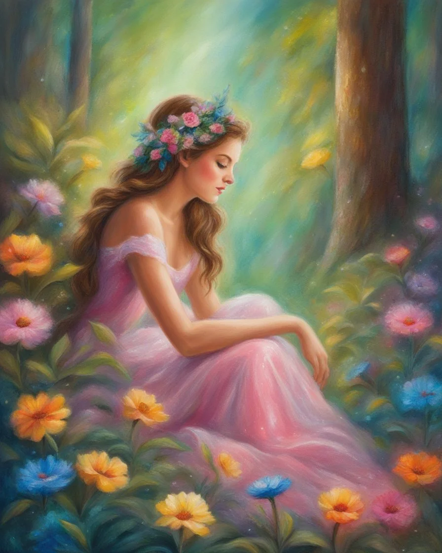 Oil pastel painting of a beautiful girl, fantasy, dream, forest, sparkles background, glow, beautiful, oil pastel painting, fantasy art, fairy, young girl, beautiful portrait painting, flowers, colorful, inspired by Thomas Kinkade, fine art, 8k