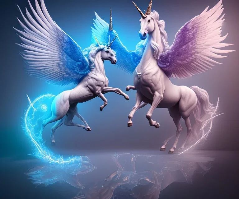 unicorn with glowing wings, shadow, surreal fantasy art, highly detailed, intricate patterns on wings, soft studio lighting, smooth dark blue background 64k