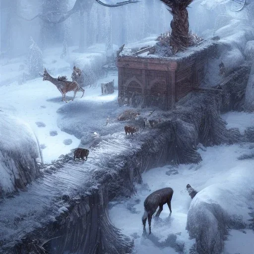 A queen warrior winter woman with winter animals, winter deers, winter bears, winter birds in the cold fantasy world , 8k resolution, ice winter fantasy concept art, by Greg Rutkowski, dynamic lighting, hyperdetailed, intricately detailed, deep, flying winter birds