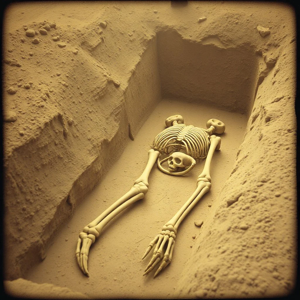 Footage appears as if captured with an ancient 19th-century camera, complete with flickering exposure, uneven frame rate, and grainy, black-and-white texture. The scene shows a dusty archaeological site where Victorian-era explorers have uncovered a fossilized skeleton of a giant humanoid. A dusty 19th-century archaeological excavation site in England, where Victorian-era explorers have uncovered the fossilized skeleton of a giant humanoid. The partially unearthed bones lie in a large trench