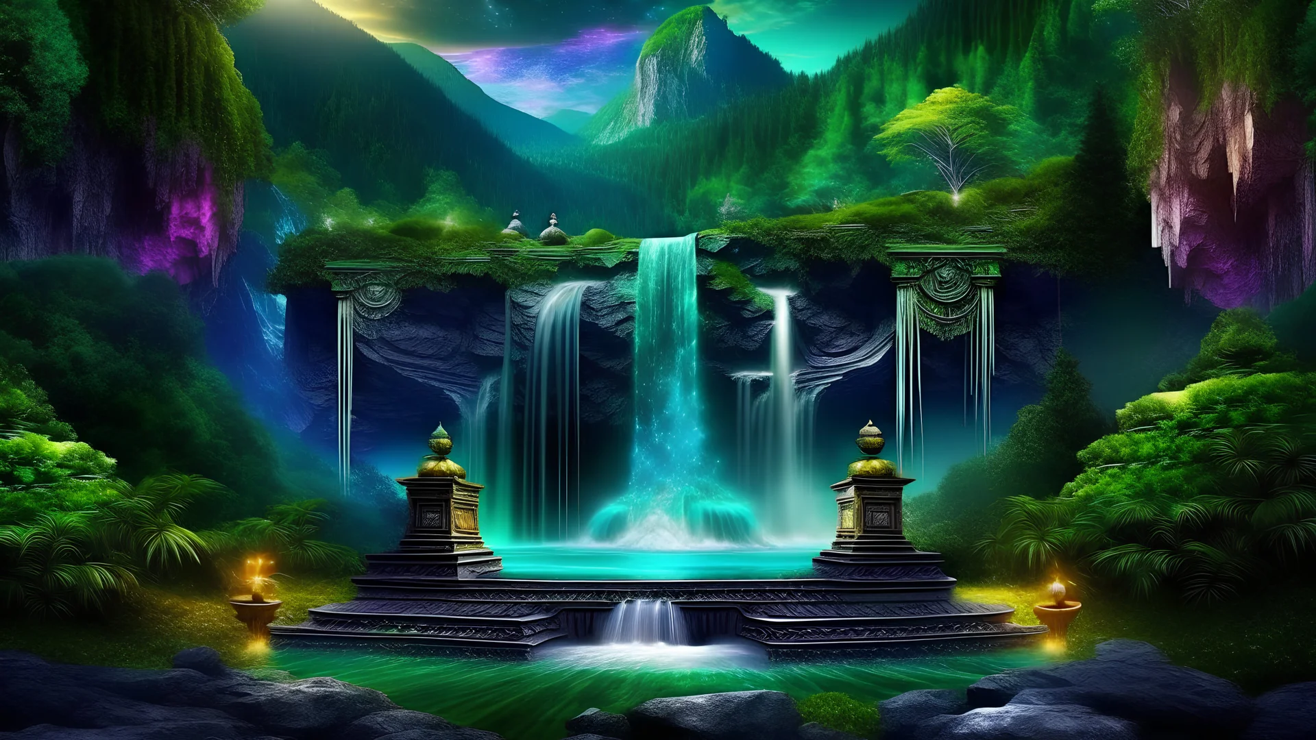 my dreams . podium for meditation , waterfall , day landscape, In the garden my mind bows . meditation . Palace built in the jungle with waterfalls , mountains. space color is dark , where you can see the fire and smell the smoke, galaxy, space, cosmos, panorama. Background: An otherworldly planet, bathed in the cold glow of distant stars. Northern Lights dancing above the clouds in amazon. Fantasy gate floating in the universe