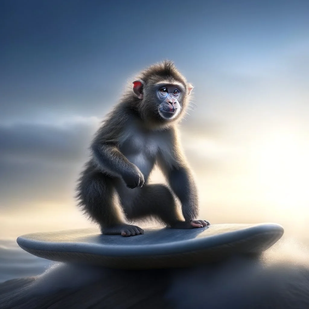 monkey on surfboard photo shoot, 8k, down-light, soft light, depth of field, photo realism, trending on art station, high detail, smoke and fog